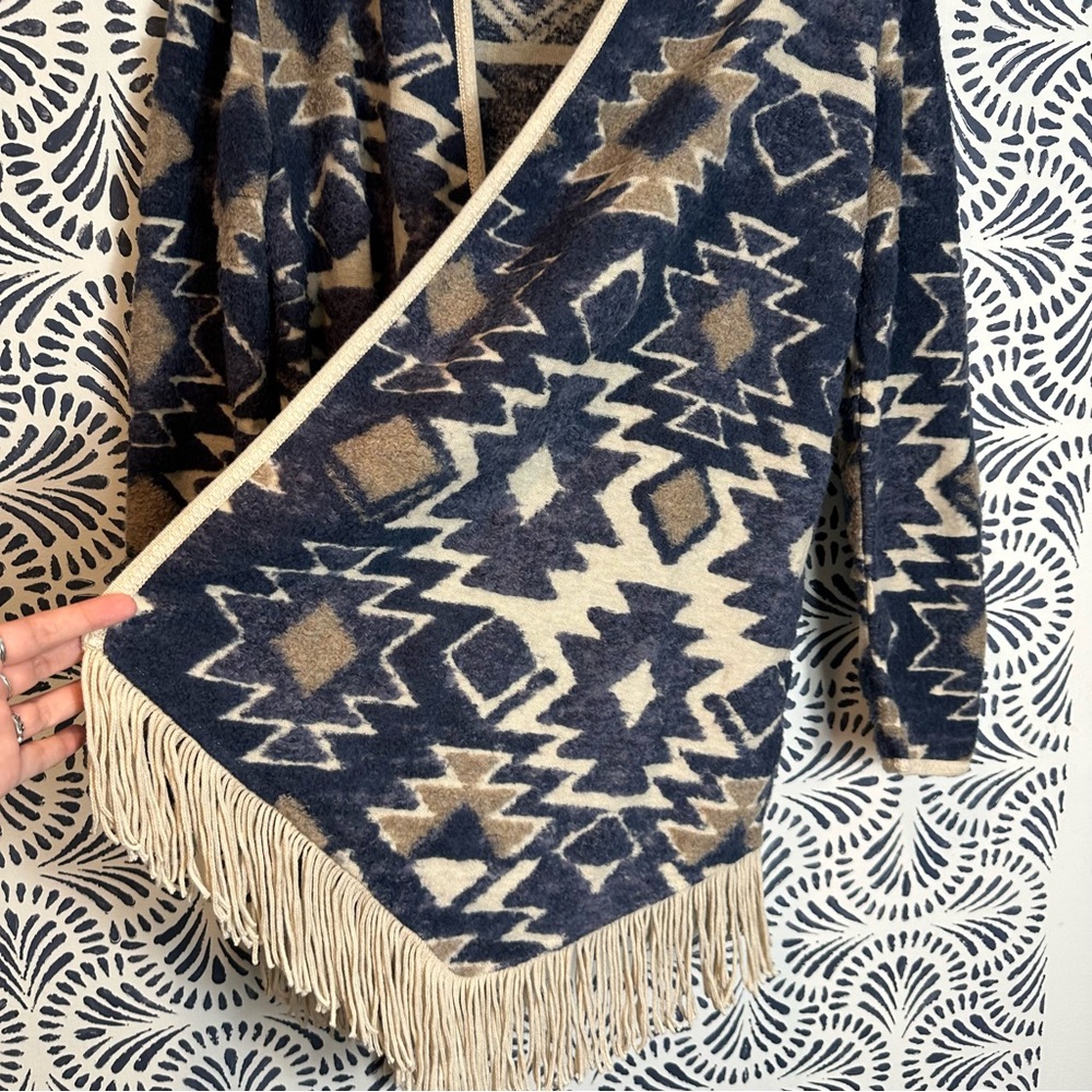 Lucky Brand Fuzzy Aztec Fringe Tassel Open Front Cardigan - Picture 3 of 13